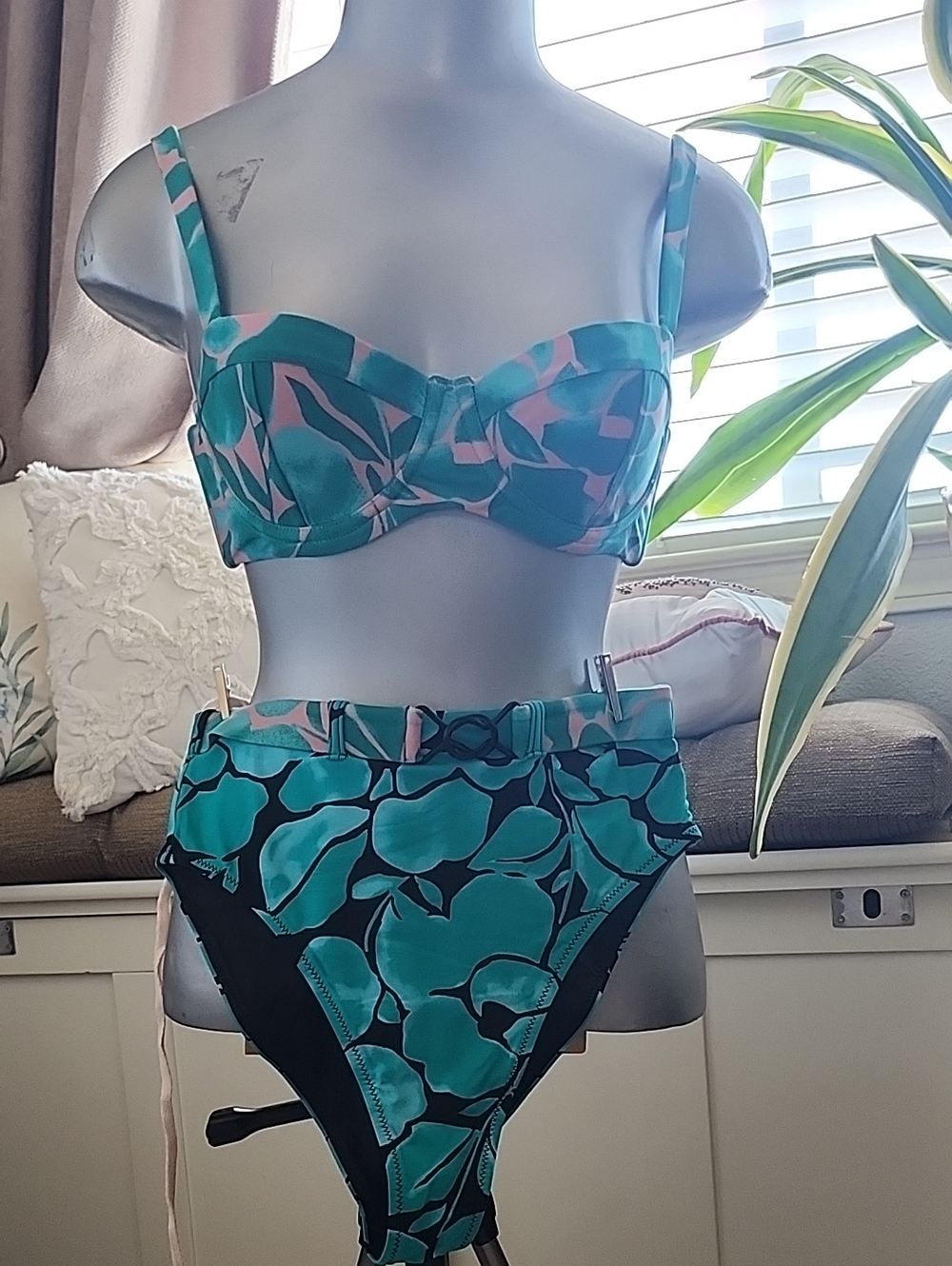 Onia X Diane Von Furstenberg Teal & Pink Print High-Waist Bikini XS